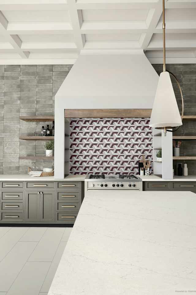 bold red mosaic backsplash in cool-toned contemporary kitchen